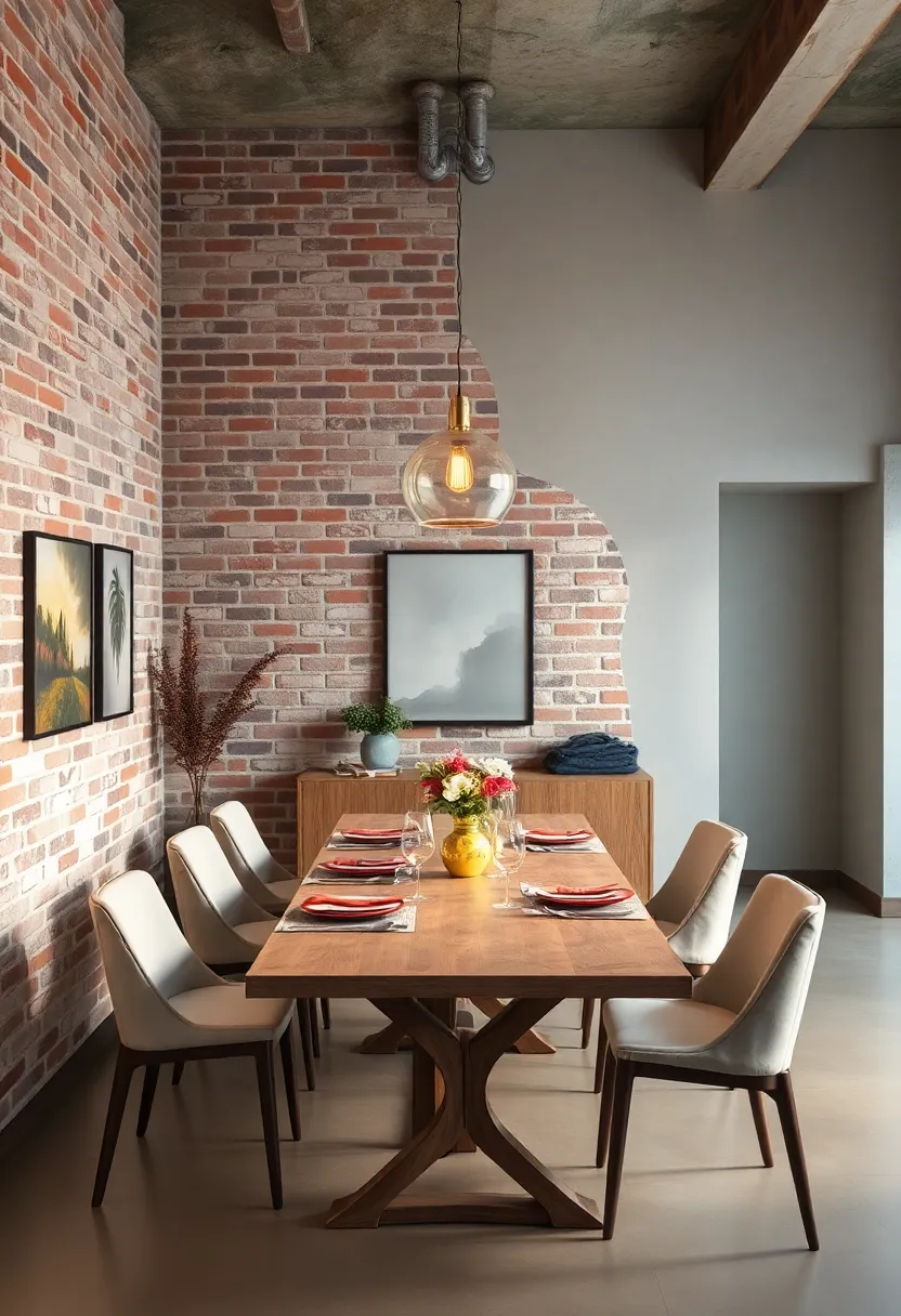 the perfect balance of industrial‌ and country styles, with‍ exposed brick ⁢framing a⁢ minimalist dining table set ⁢beneath elegant pendant lighting