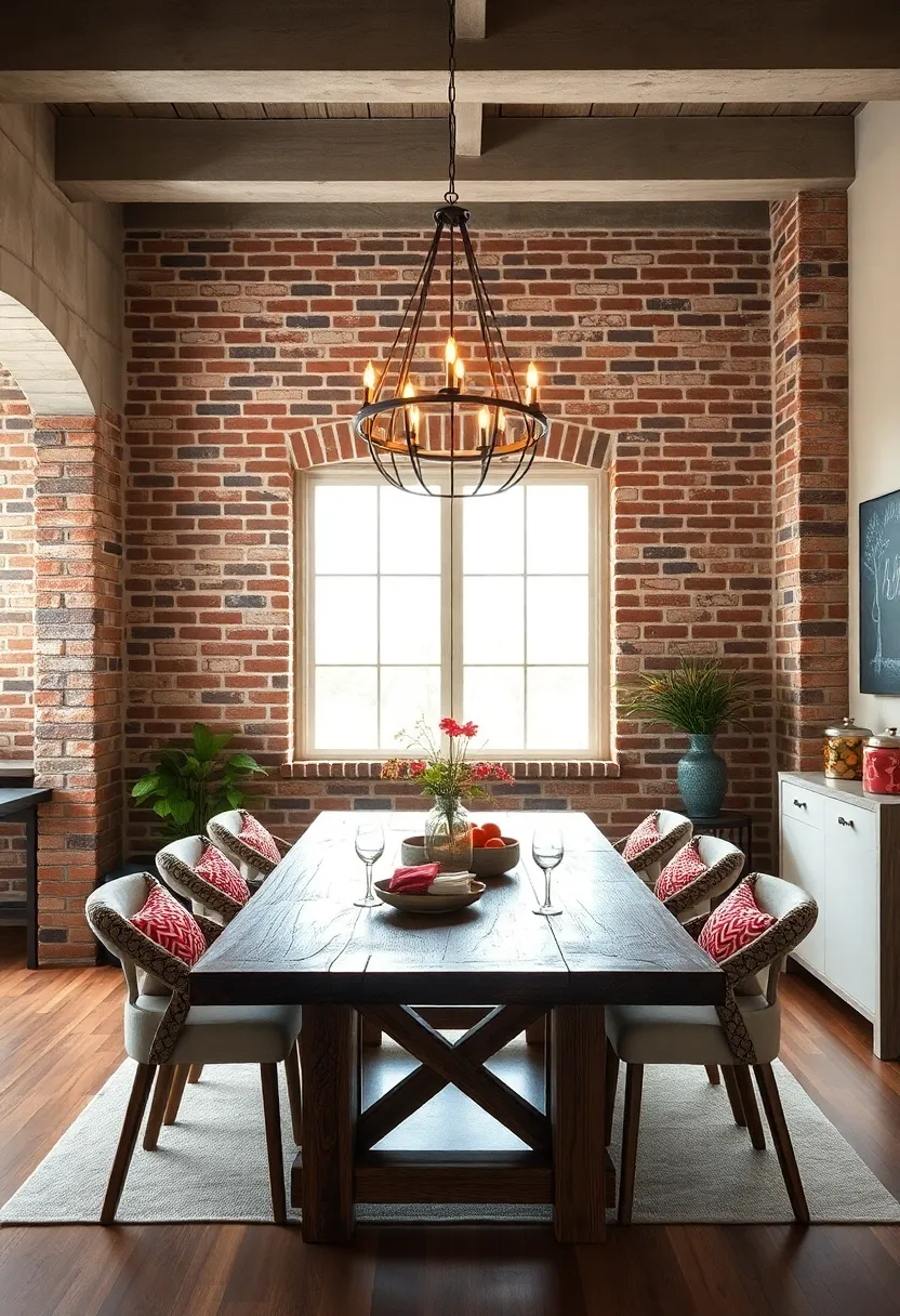A rustic⁣ chandelier hangs above‍ a reclaimed wood ​table, its⁤ glow enhancing the earthy tones ‌of the exposed brick backdrop