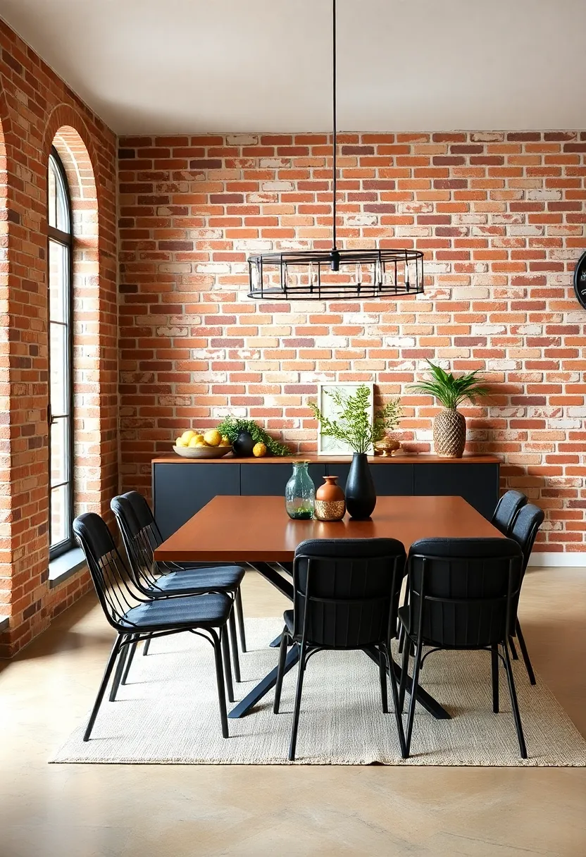 sleek black metal accents ‌highlight the⁢ rich textures of a⁤ burnt ‍orange brick backdrop in⁢ this modern‌ farmhouse dining room