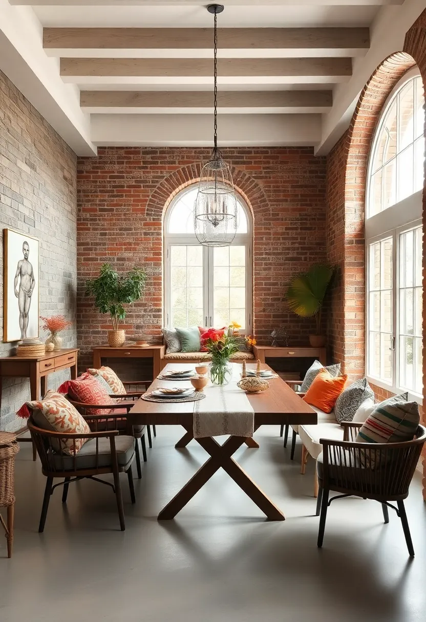 In this bohemian-inspired dining‌ room, exposed brick adds grounding ⁣warmth beneath colorful⁢ textiles and artistic accents