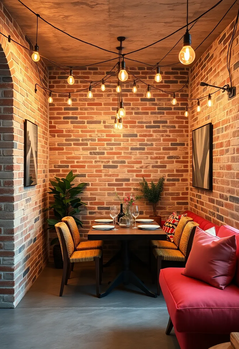 Warm Edison bulbs strung across the‍ ceiling illuminate a cozy dining corner framed by ⁤soft-hued‌ brickwork