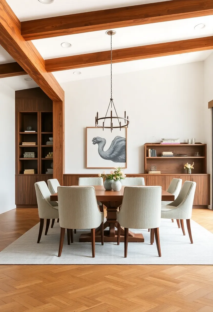 Complement with Fabrics: Choose upholstered dining chairs that resonate with the warmth of wooden beams for a cohesive look