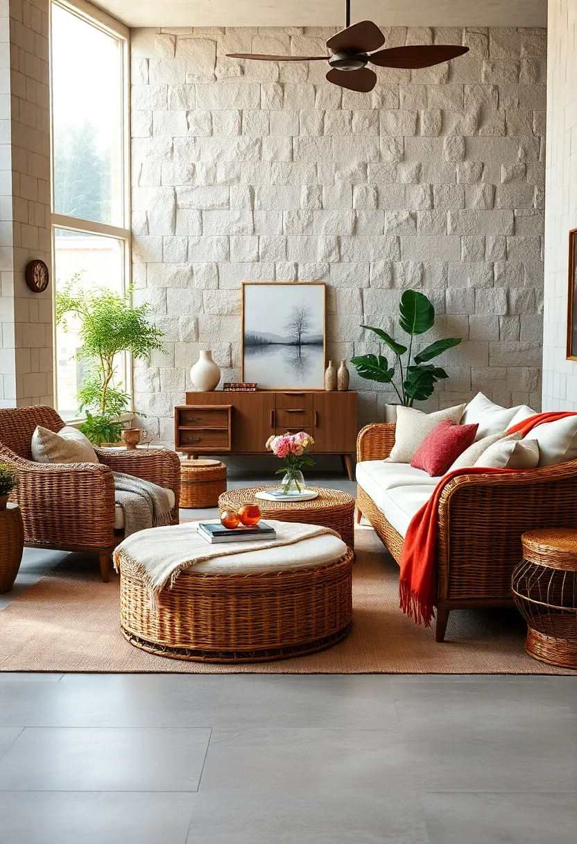 Layer Natural Fiber Throws Over Wicker Ottomans for Extra Comfort