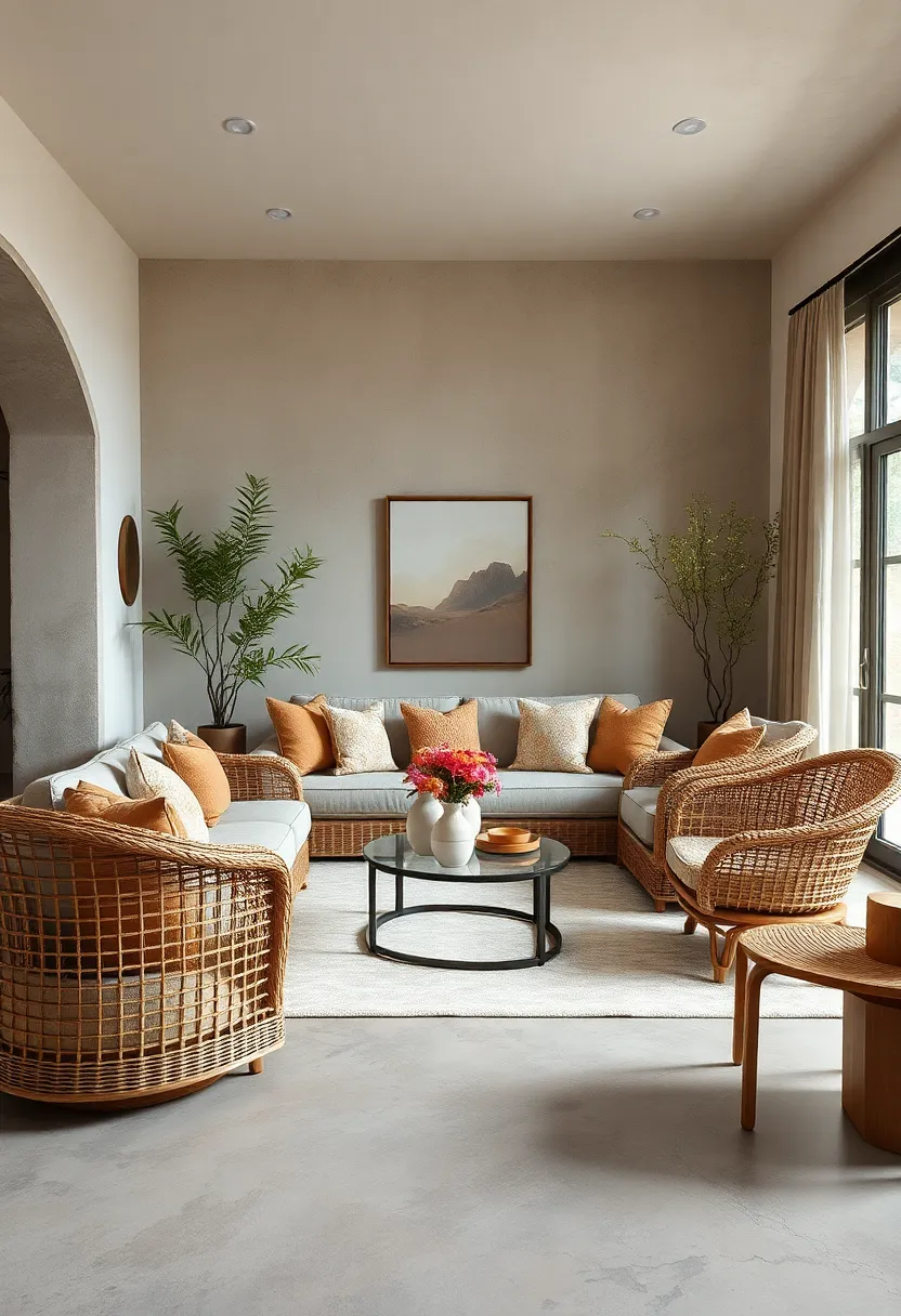 Feature a⁢ statement Wicker Sofa Against a‌ Backdrop of Muted Earth Colors