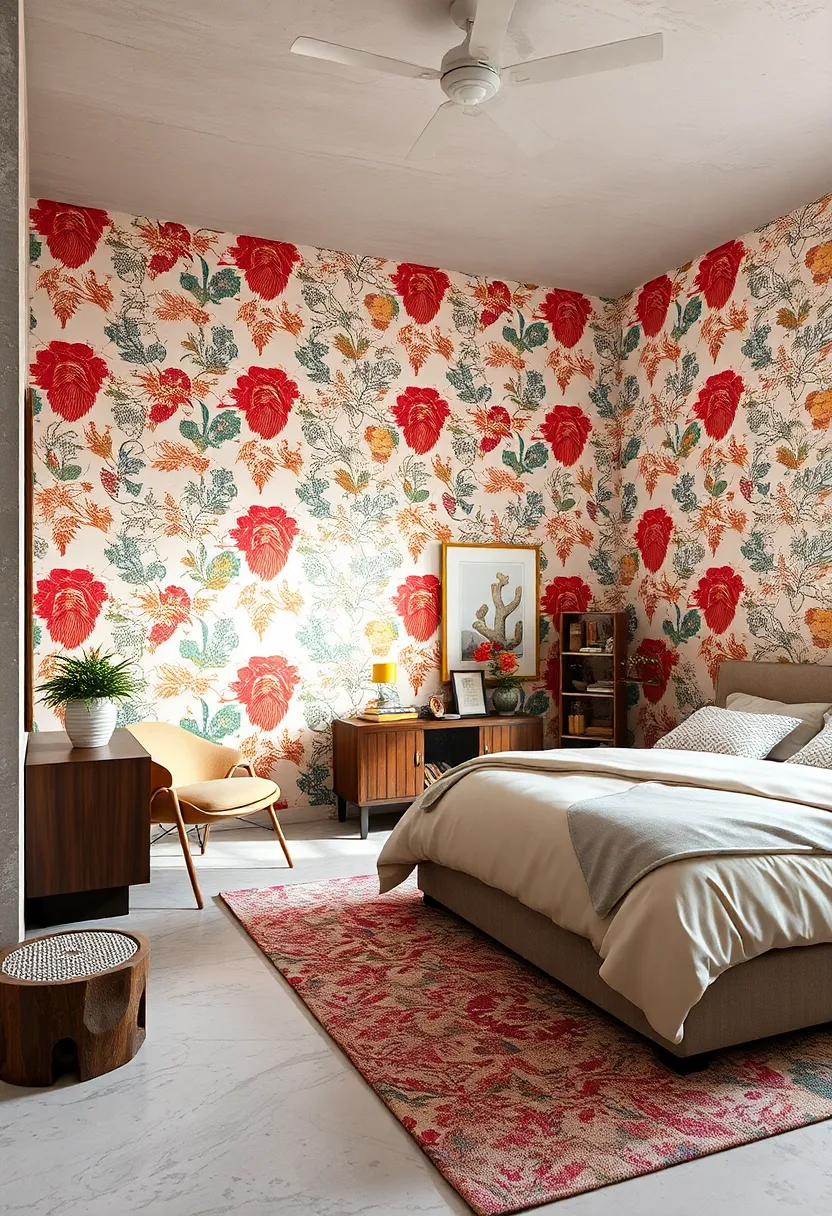 balancing Busy Patterns with Sleek, Simple Furniture in a Retro-Inspired Sleeping Area