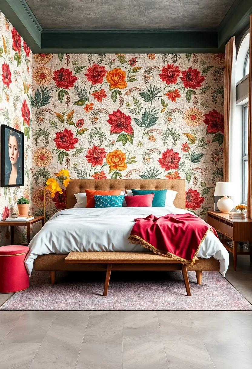 A Bold Color Palette ​Infused throughout the⁣ Bedroom to Complement and Highlight​ Retro Wall ⁢Designs