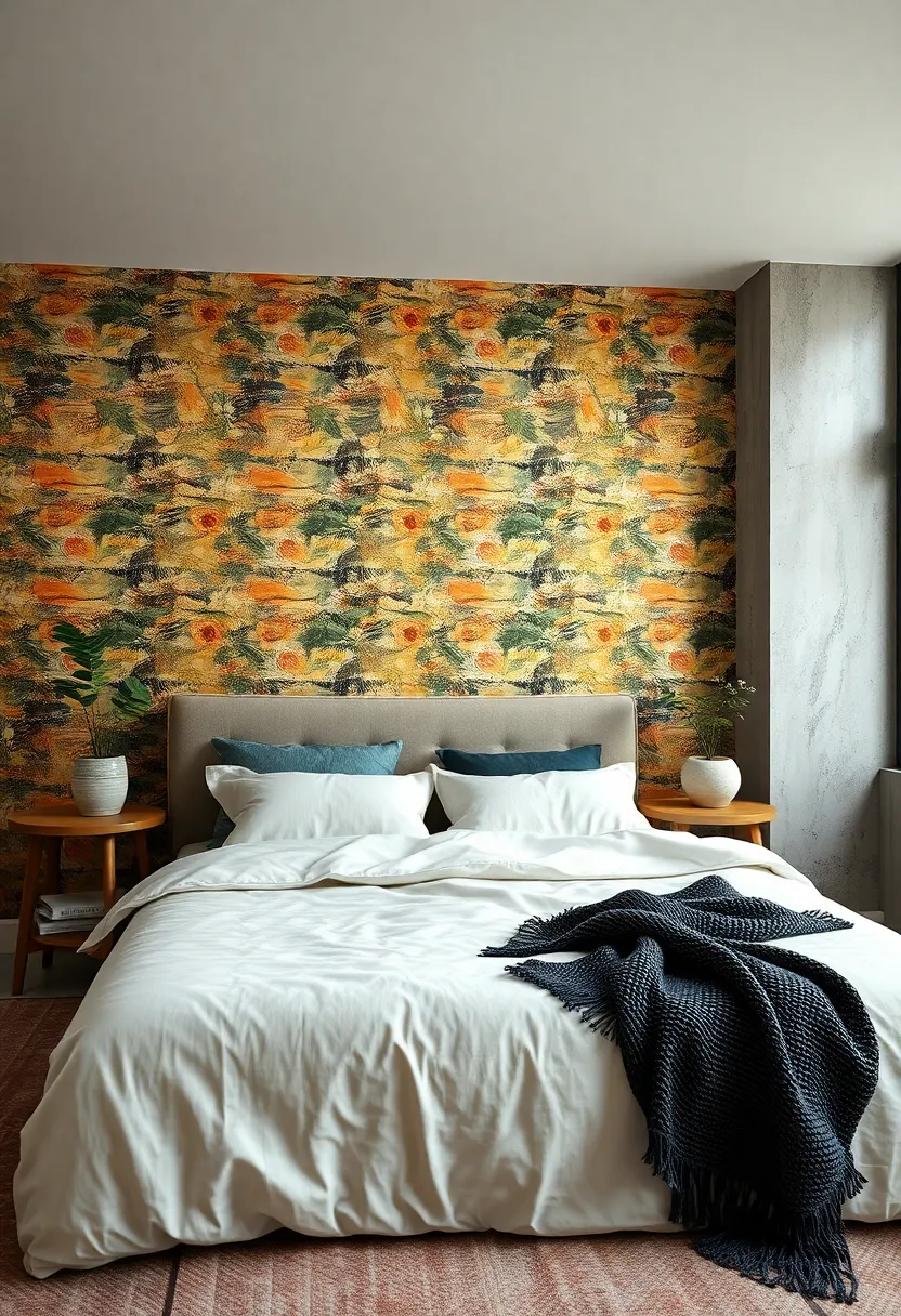 Contrasting Bold Wallpaper with Minimalist Bedding to Balance an ‌Eclectic Bedroom‌ Mood