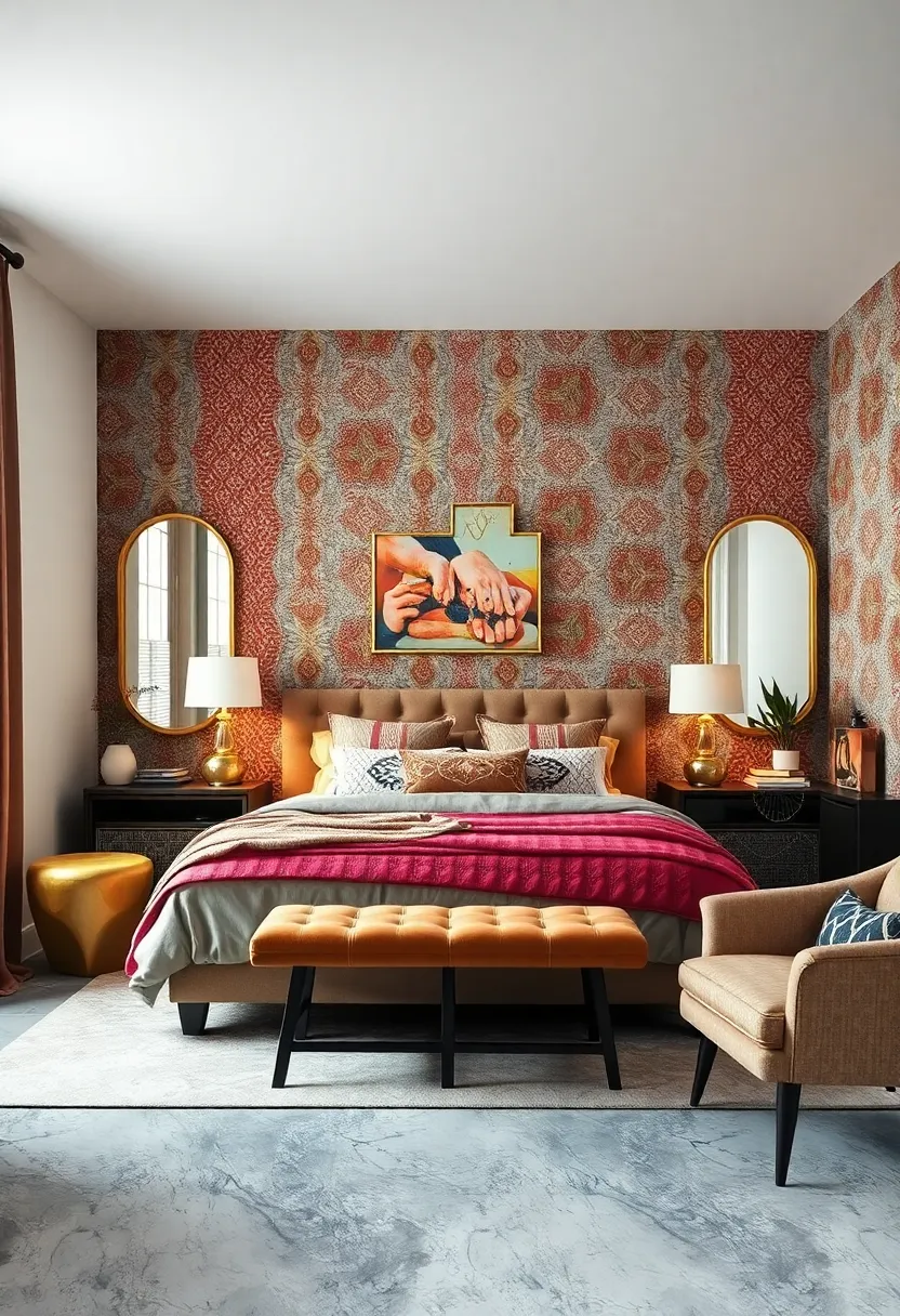Creating Visual Interest with​ Mirrors Framed by Retro Patterns in an Eclectic ‍Bedroom Space