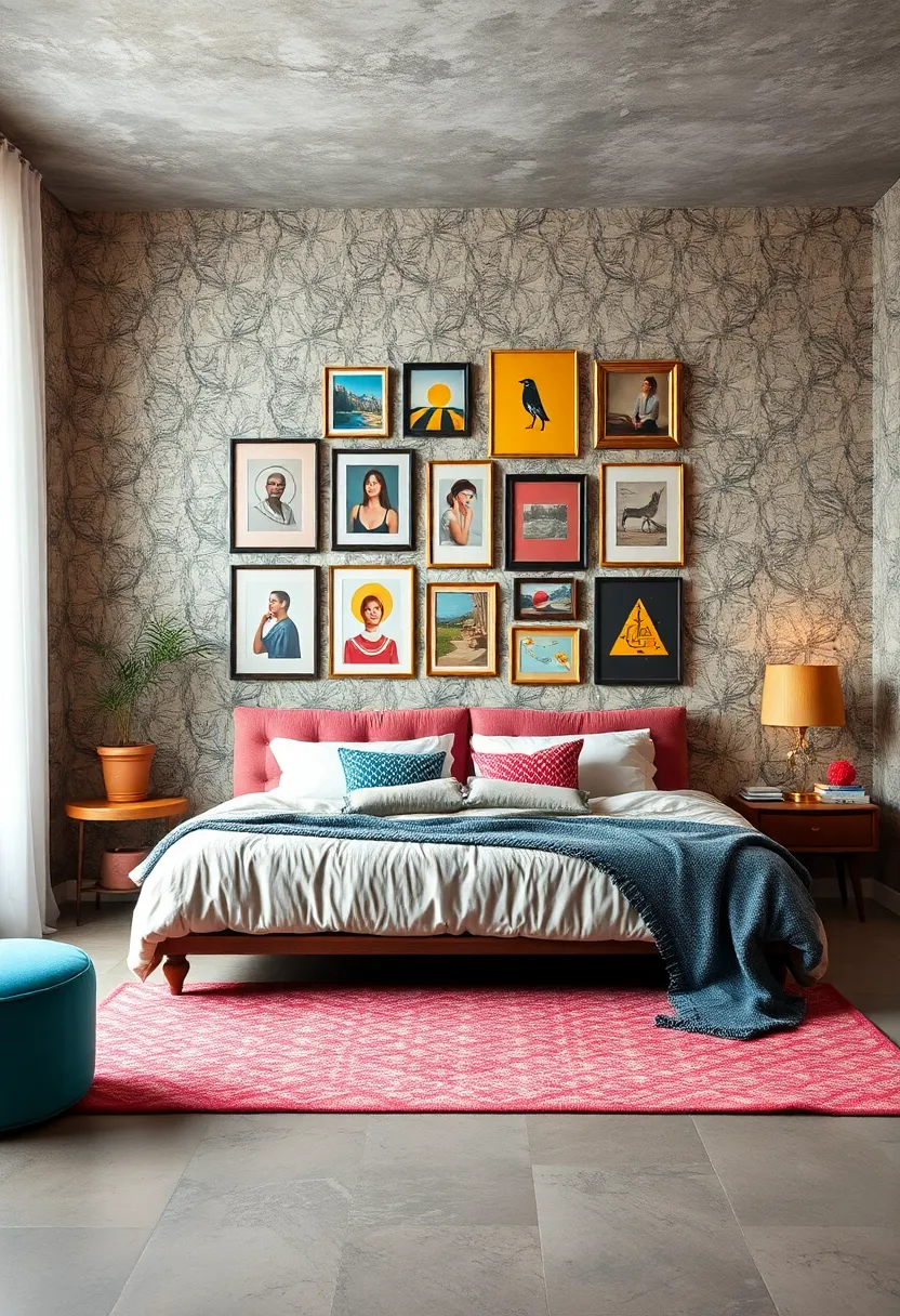A Gallery⁢ Wall Featuring Retro Prints and ⁣Photographs That Harmonize with Bold Wallpaper Colors