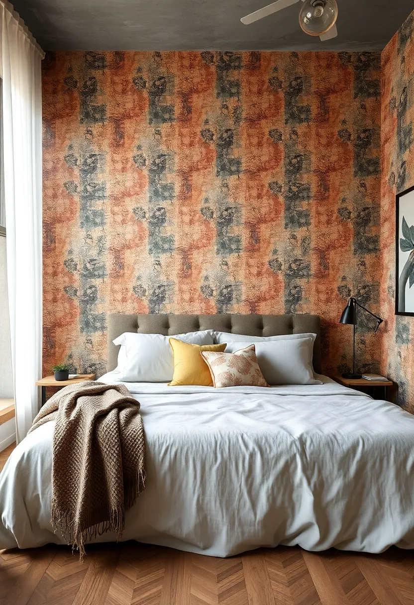Layering Textures Through Plush Throw Pillows and Retro Wallpaper in ⁤complementary Hues