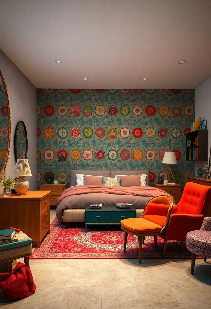 A Playful Mix of Vintage Furniture Pieces Against a Backdrop ⁤of Colorful Eclectic⁣ Wallpaper