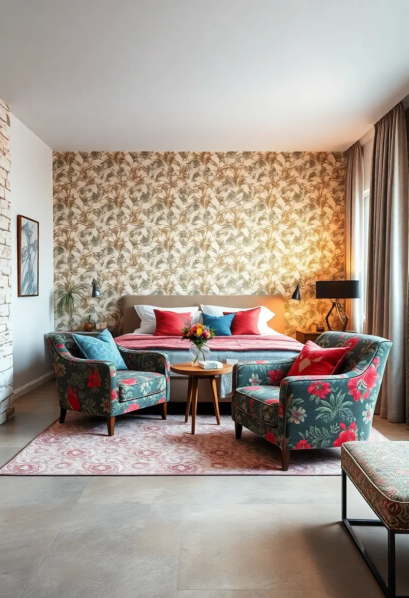 Retro Bedroom Corners ‌with Statement Chairs Wrapped in Fabric Echoing Wallpaper Motifs