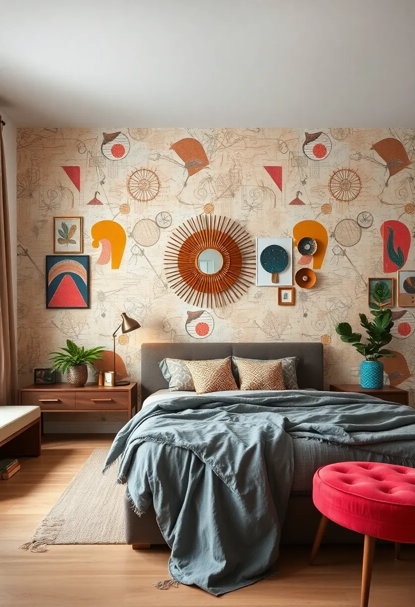 Showcasing Artistic Wall Decor That Complements the Bold Colors and Shapes ⁢of Retro Wallpaper