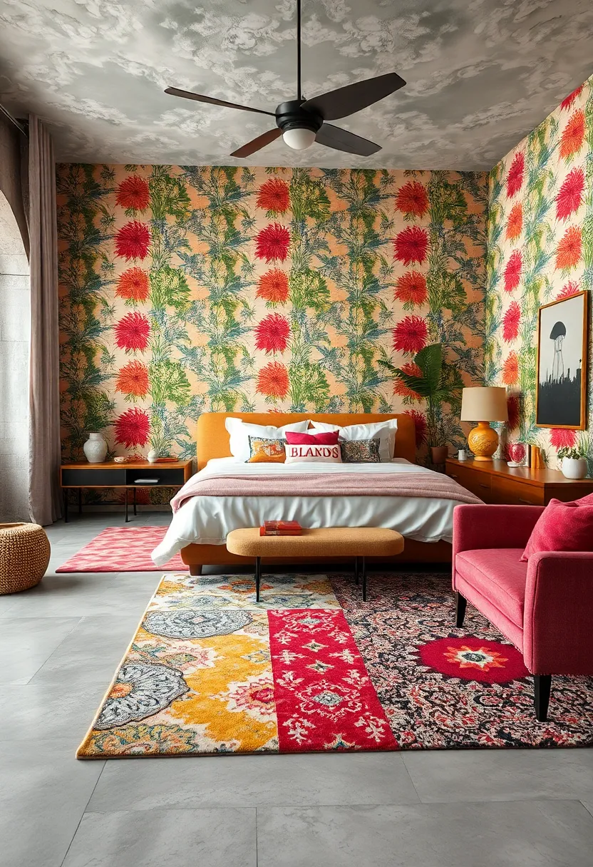 The Use of Statement Rugs That echo the Vibrancy and Patterns of Retro Wallpaper