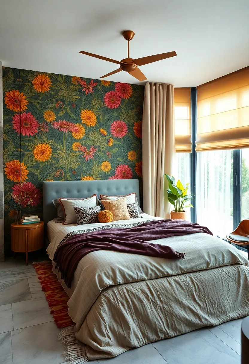 Using Contrasting Window Treatments That Highlight the Boldness of Eclectic Wallpaper Designs