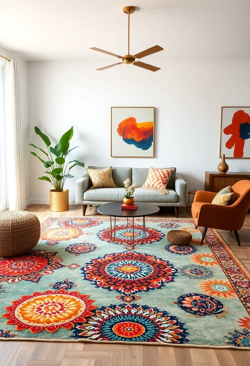 Statement Rugs: Choose bold, artistic rugs that feature vivid prints or intricate textures, grounding your living room while adding a touch of flair underfoot