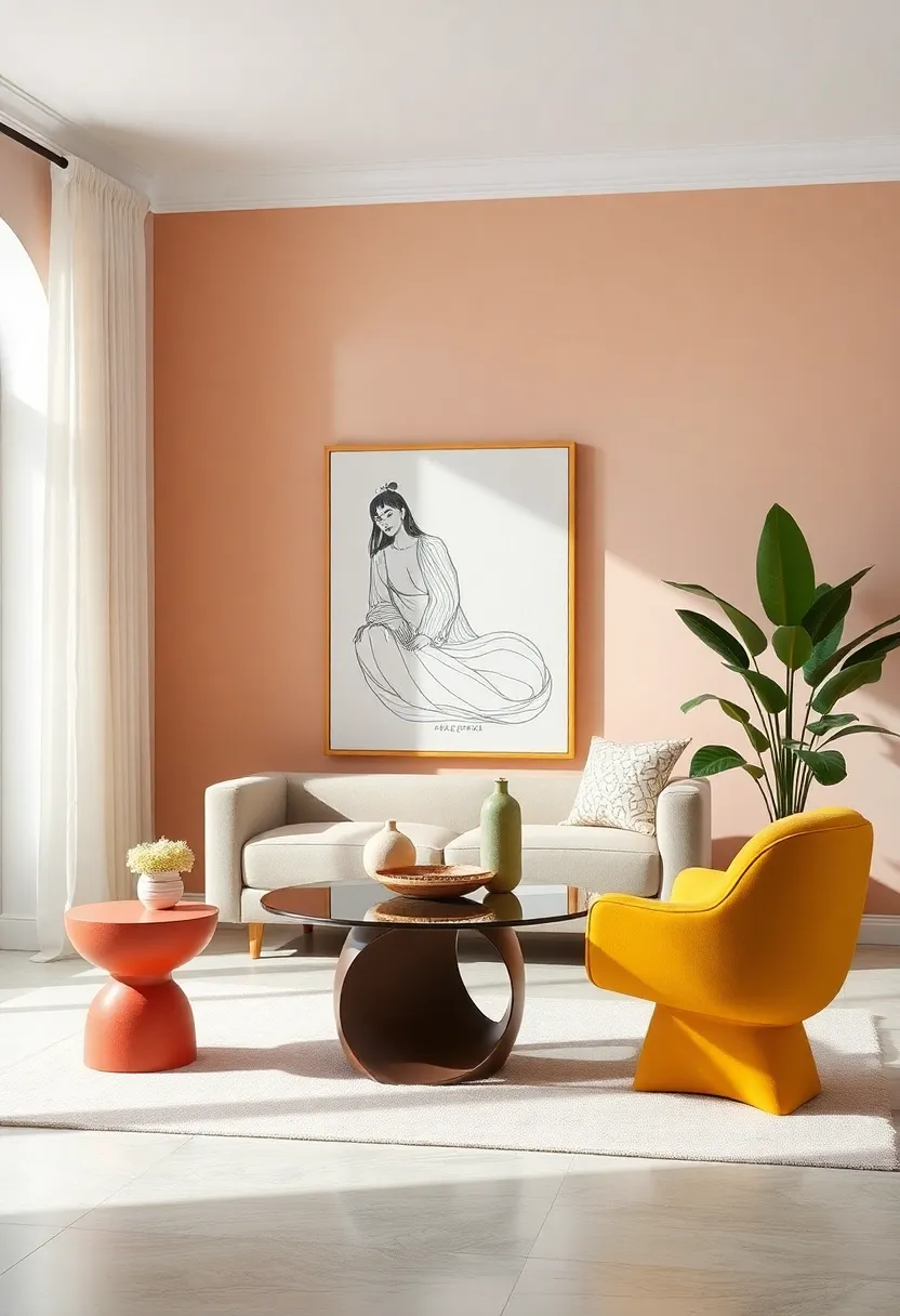 art-Inspired Furniture: Look for coffee tables and side tables that are designed with artistic twists – think sculptural forms or bold colors that serve as conversation starters