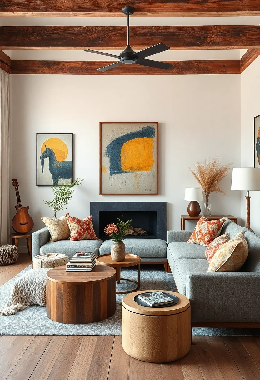 layered Textures: Combine different textures like textiles, metals, and woods to create depth, complimenting the art pieces and invigorating the room's atmosphere