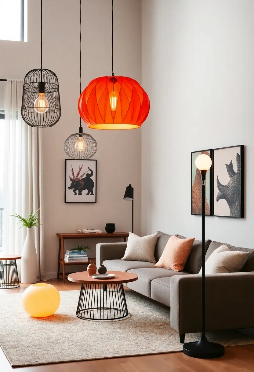 Sculptural Lighting: Opt for unique lighting fixtures that double as art, such as geometric pendant lights or floor lamps with whimsical designs that illuminate and elevate your space