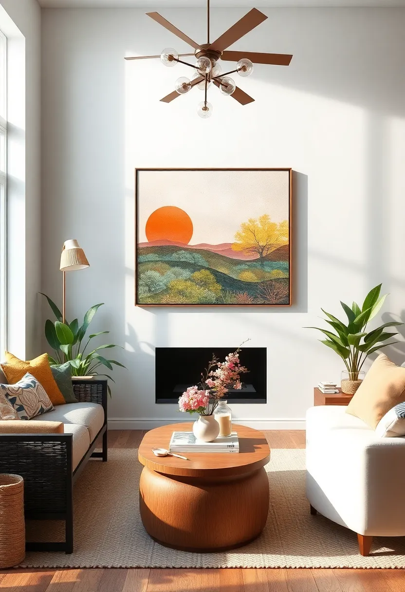 Outdoor Art Elements: Bring in elements of the outdoors with outdoor-inspired art pieces, allowing your living room to feel connected to nature while still being distinctly artistic