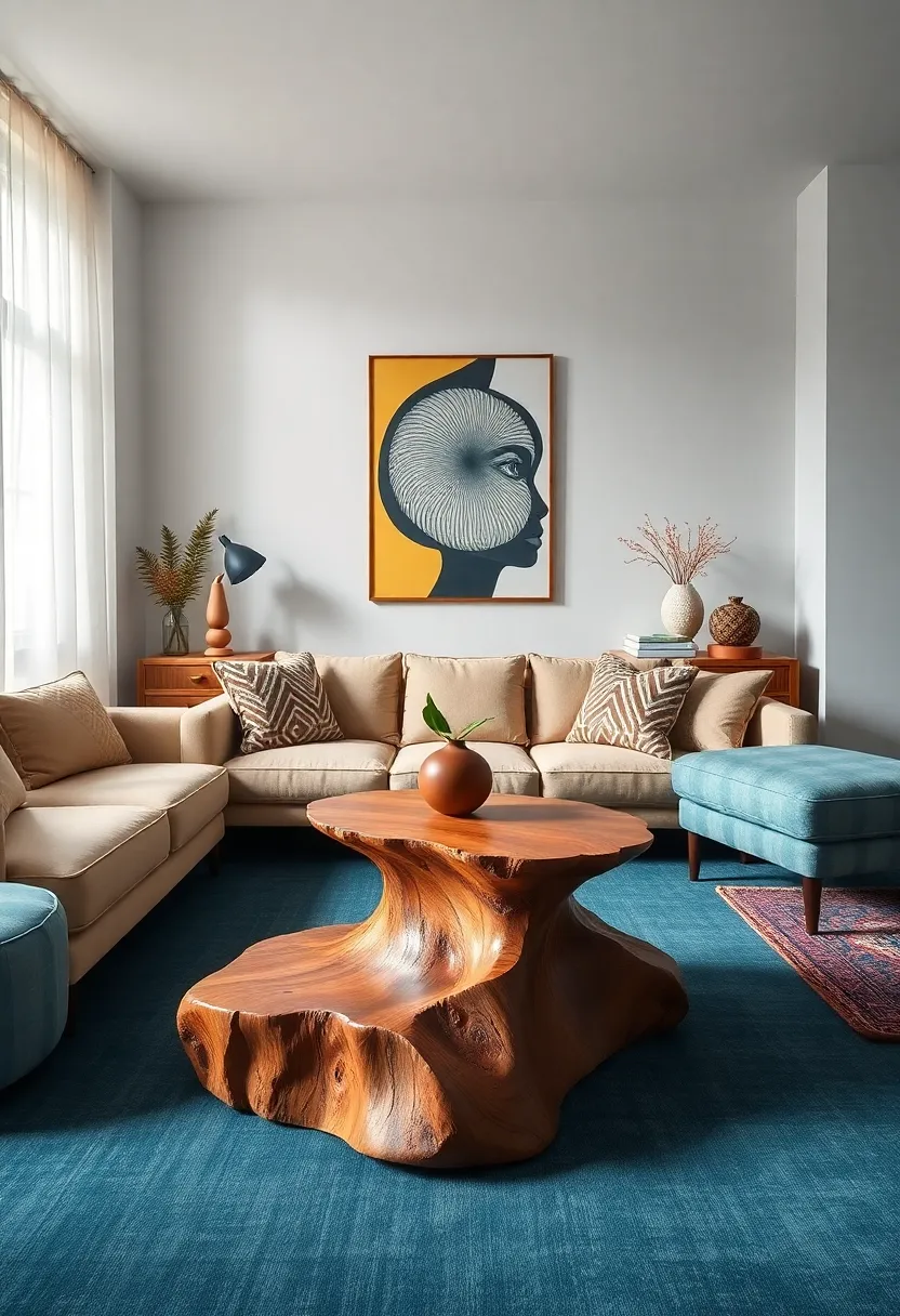 Creative Coffee⁢ Table: ⁤Opt for a coffee ⁢table that doubles as art, like a sculptural wooden piece or one⁤ made from an unconventional material, to spark​ interest