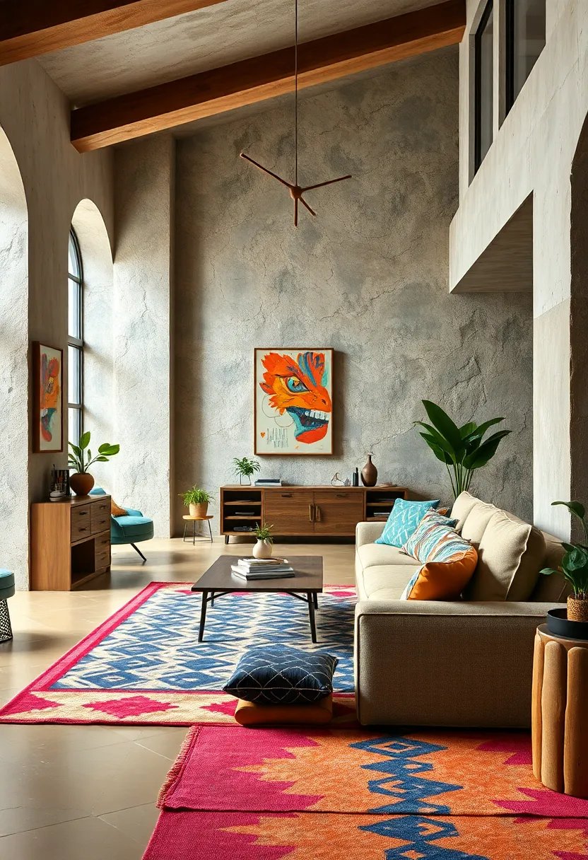 Embrace bold geometric patterns on cushions and rugs to inject retro energy into your modern space