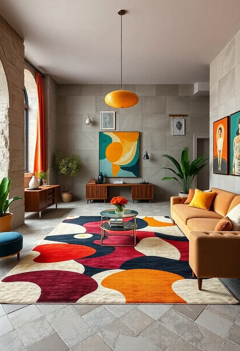 Opt for rugs that combine abstract modern art with classic retro motifs for layered texture