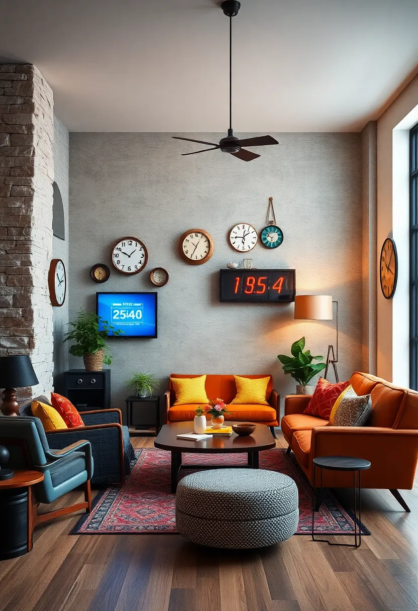 Use retro-inspired clocks and modern digital displays to merge practicality with style
