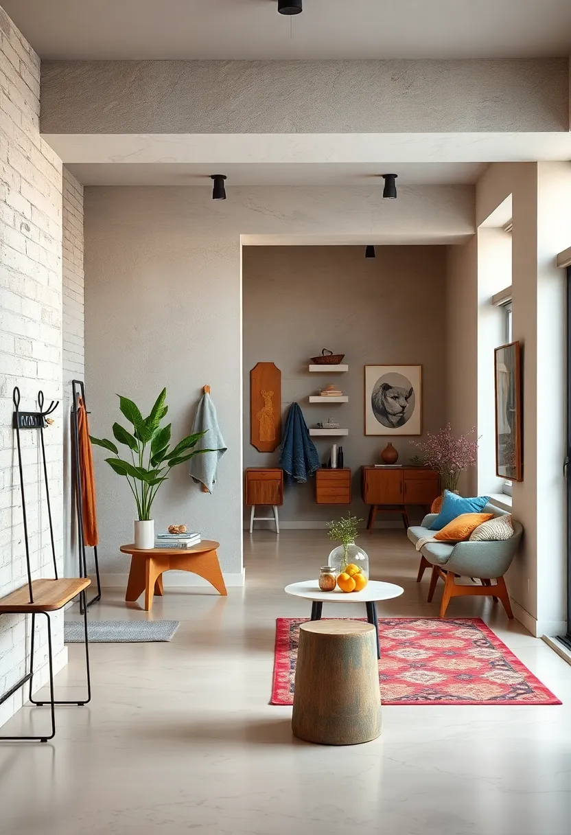 Use statement wall hooks or coat racks with vintage flair and minimalist function to bridge eras