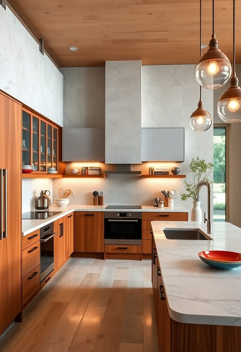 Highlight retro-inspired cabinetry paired with contemporary marble or quartz countertops