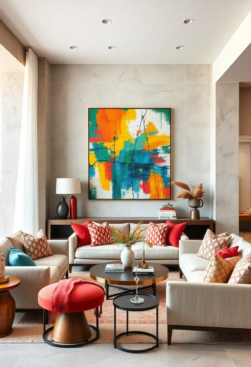 Balance a Colorful Abstract Art Piece with Earthy Tones in Furniture and ⁤textiles
