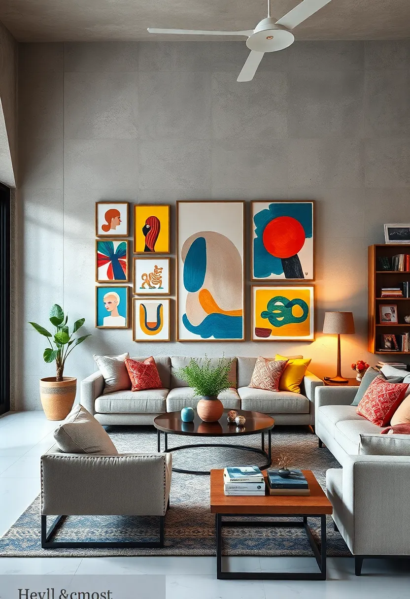Layer Multiple Small Colorful Artworks in an Asymmetrical Arrangement to Create energy