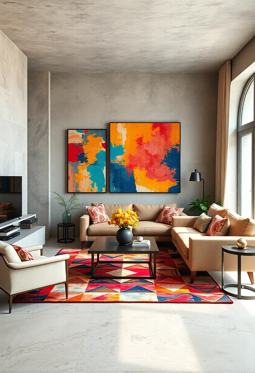 Place Colorful artistic Rugs in Rooms‍ with Eclectic Wall Art to Ground the Space in Color