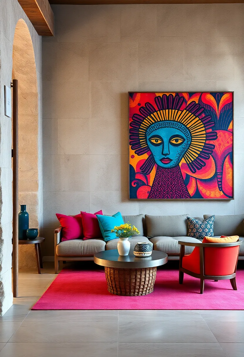 position Bright, Handcrafted masks or ⁤cultural Artifacts Next to Modern Colorful Paintings