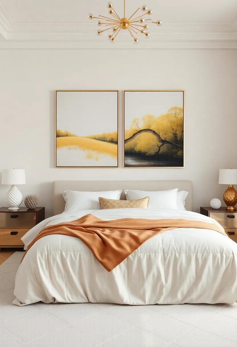 Stunning Canvases: Introduce oversized gold-accented canvas prints that serve as bold focal points and elevate the overall aesthetic