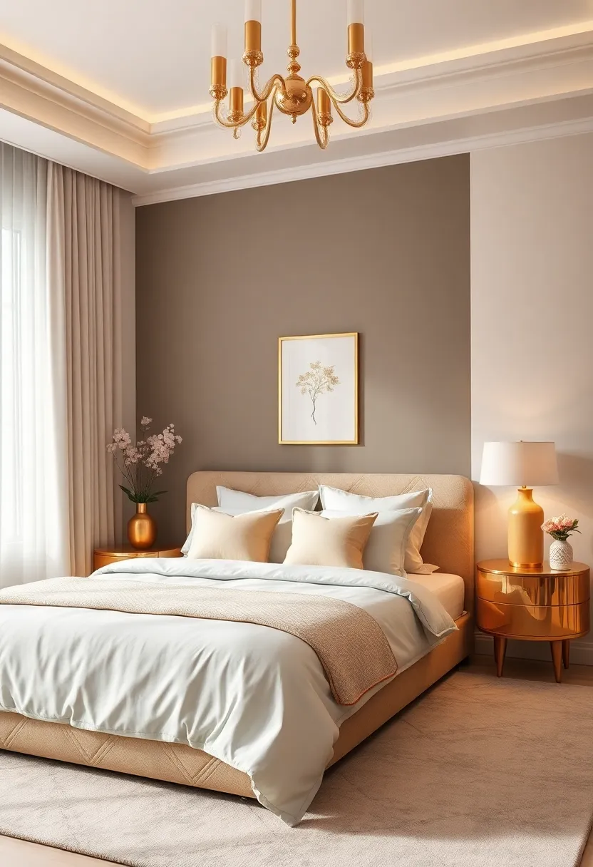 Gold Accessories: Introduce small decorative items like vases, picture frames, or bookshelves with gold finishes to subtly enhance the decor without overpowering it