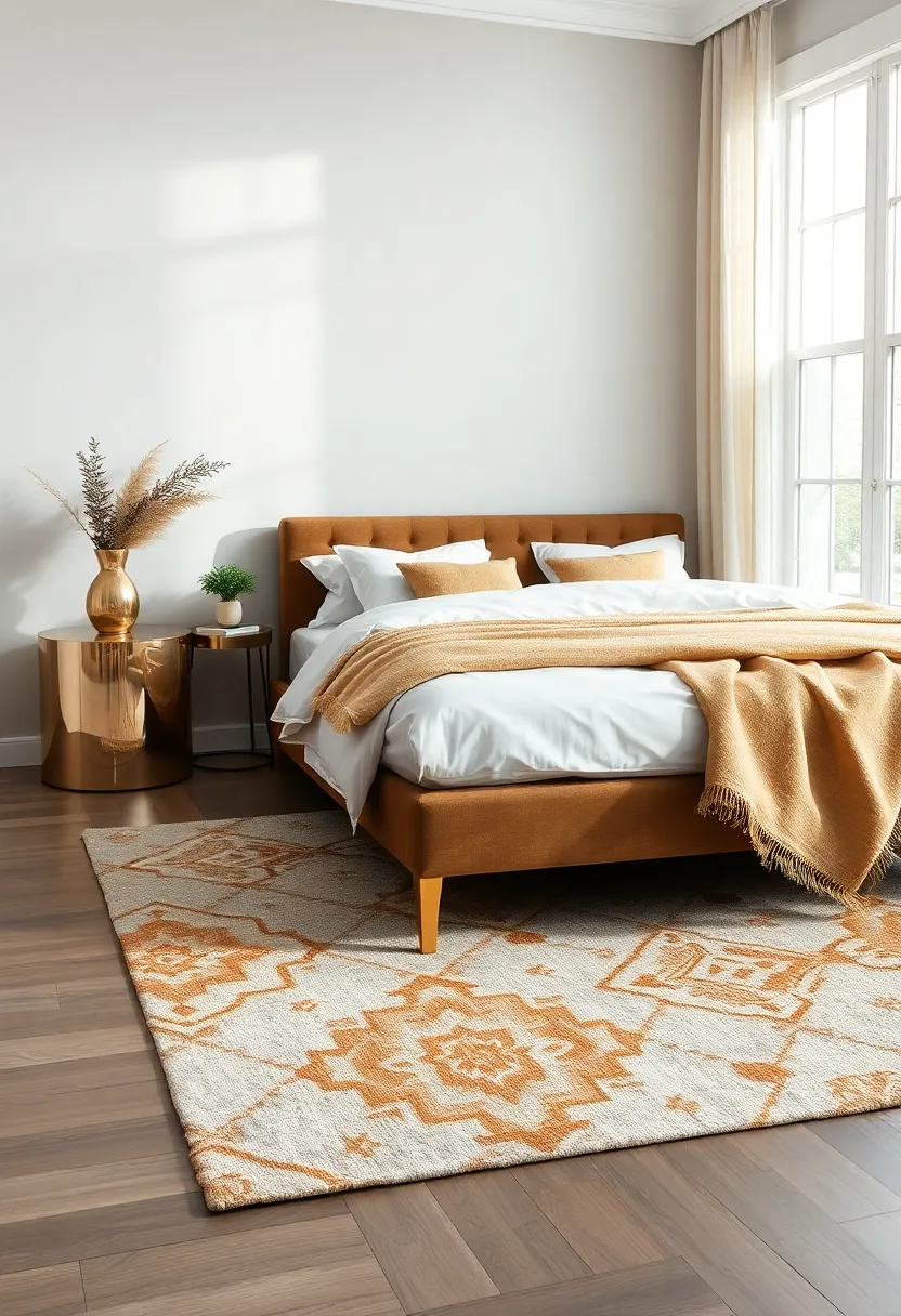 Elegant Area Rugs: Place a chic area rug with gold motifs under the bed to ground the space and add warmth and texture to the room