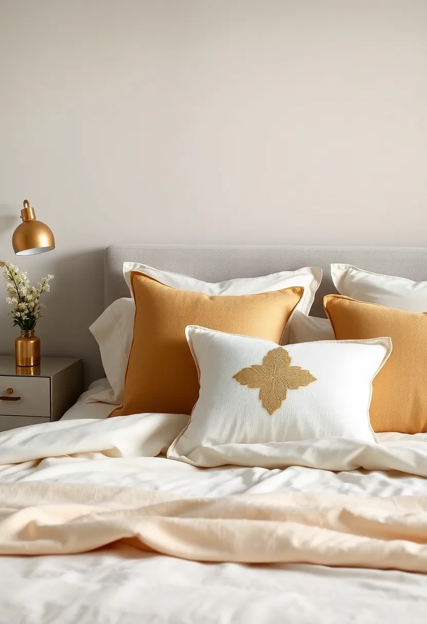 Elegant Bedding Layers: Stack gold accent pillows on a neutral duvet cover for an effortlessly chic and sophisticated layering effect