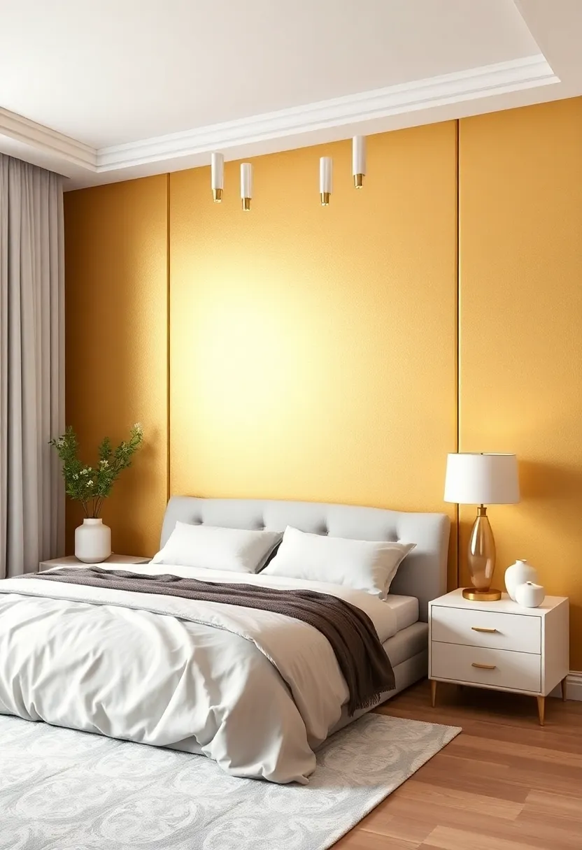 Gold Accent Walls: Consider painting one wall with a bold gold metallic finish to serve as a stunning backdrop for the bedroom