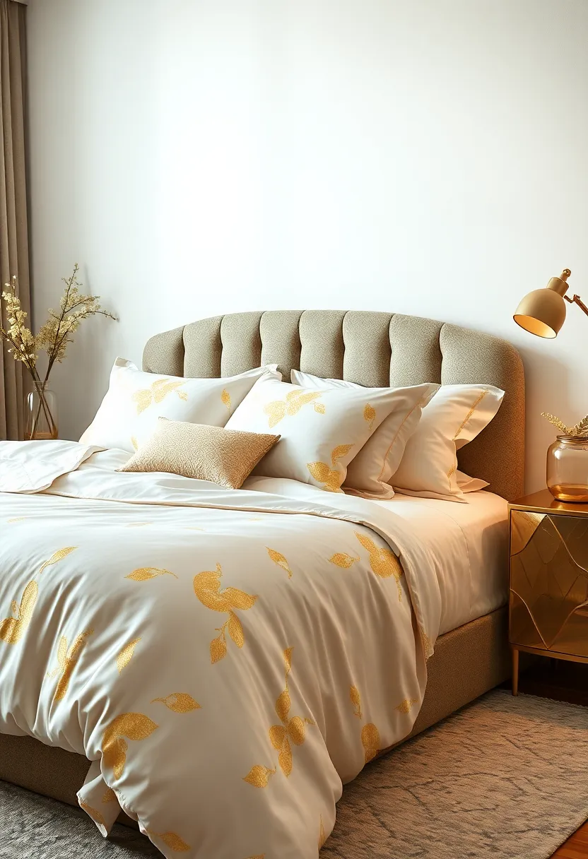 Luxe Bedding: Opt for bedding adorned with subtle gold patterns or metallic threads that shimmer softly under soft lighting