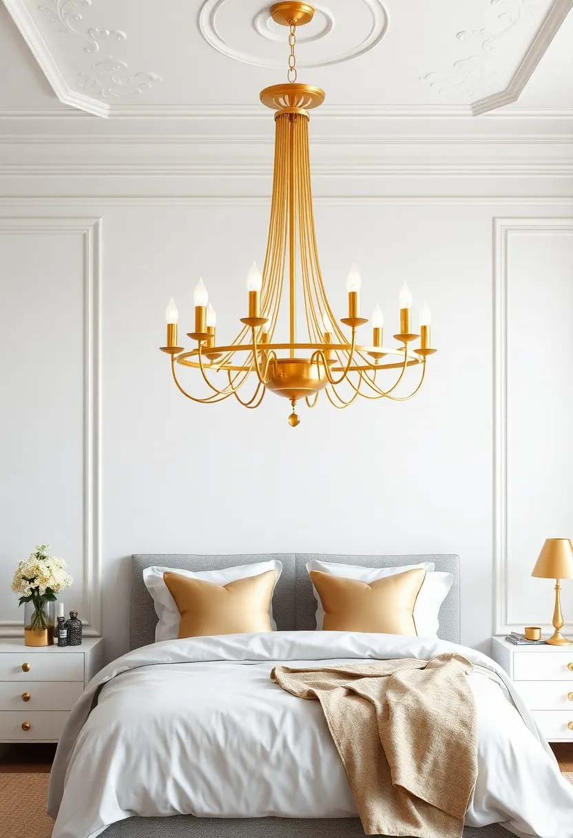 Statement Lighting: Install a stunning gold chandelier or pendant fixture to serve as a striking centerpiece that draws the eye upward