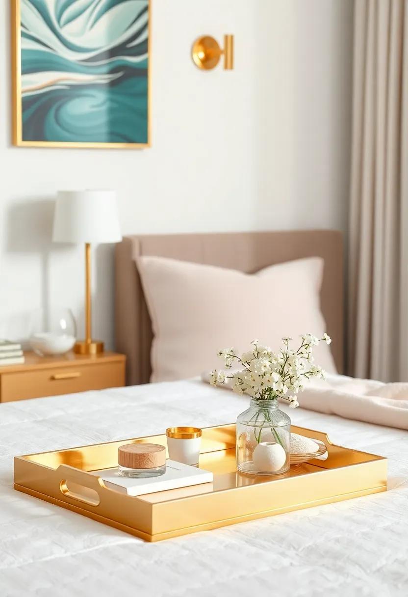 Decorative Trays: Use gold trays on nightstands or dressers for organizing small items while adding a polished, curated appearance