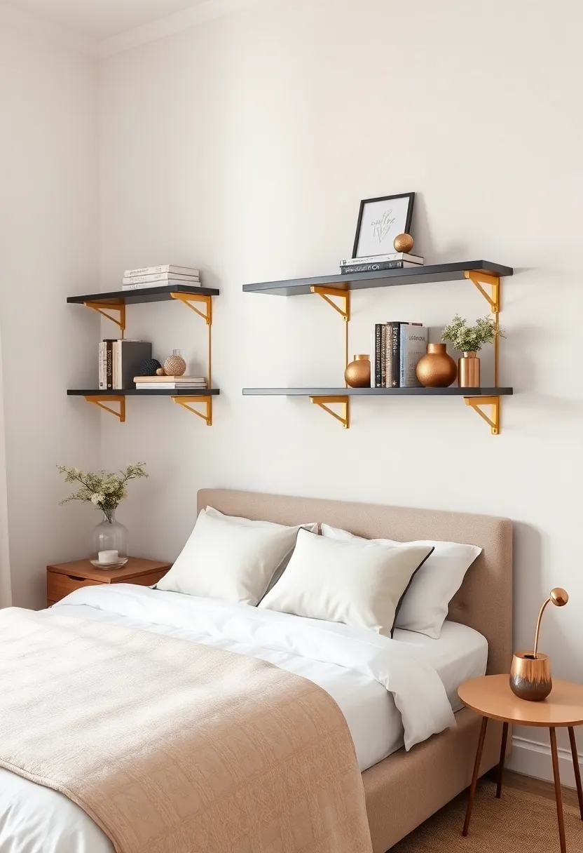 Eloquent Wall Shelving: Install floating shelves with gold brackets to display decorative books and meaningful ornaments, marrying functionality and style