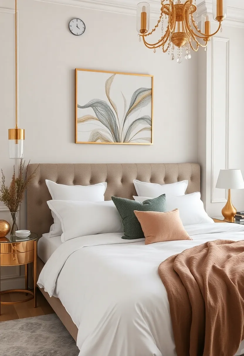 decorative Mirrors: Incorporate a large, ornate gold-framed mirror to enhance the room’s lighting and give the illusion of a larger space