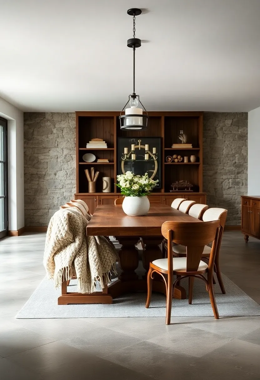 Chunky Wool Throws Draped Over Wooden Seats Offering Texture and Warmth