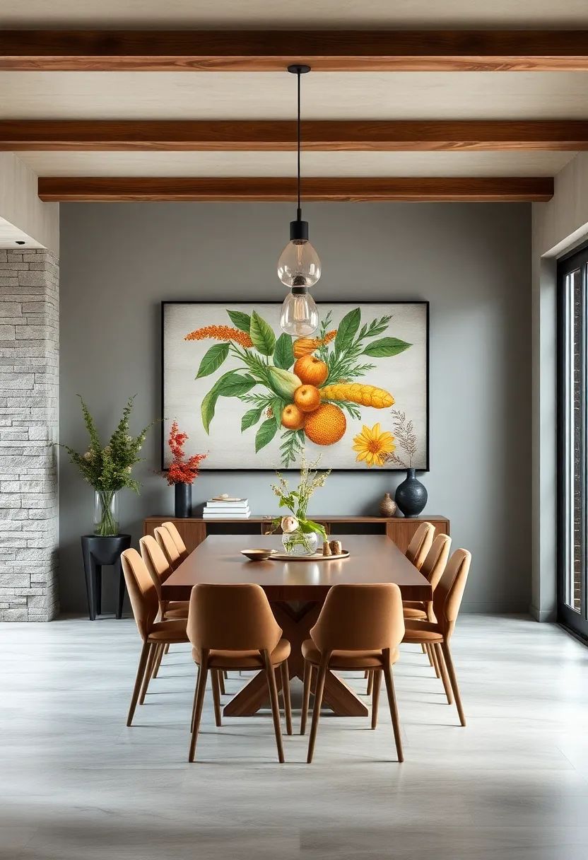 farmhouse-Inspired Wall Art Featuring Seasonal Harvests Framing the Dining Area