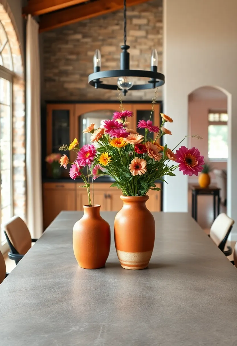 Fresh-Cut Flowers in Teracotta Vases Bringing Organic Beauty to the Dining table