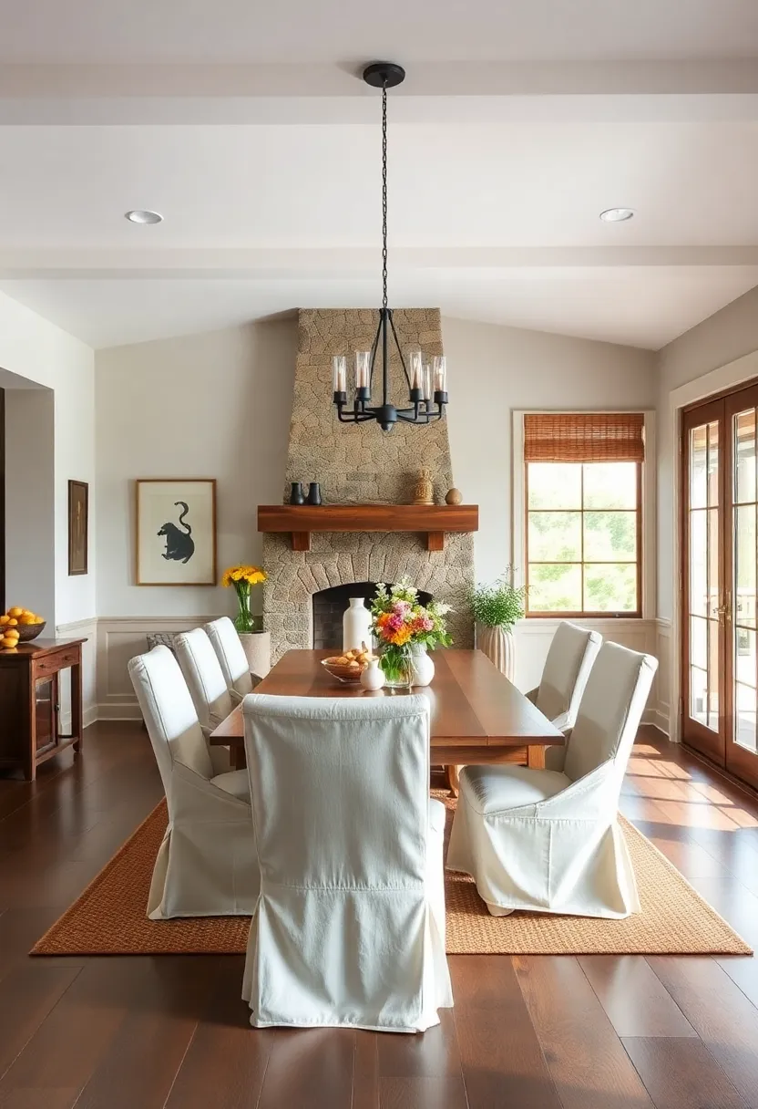 A Hearth-Centered Dining Area Surrounded by Comfortable Slipcovered Chairs