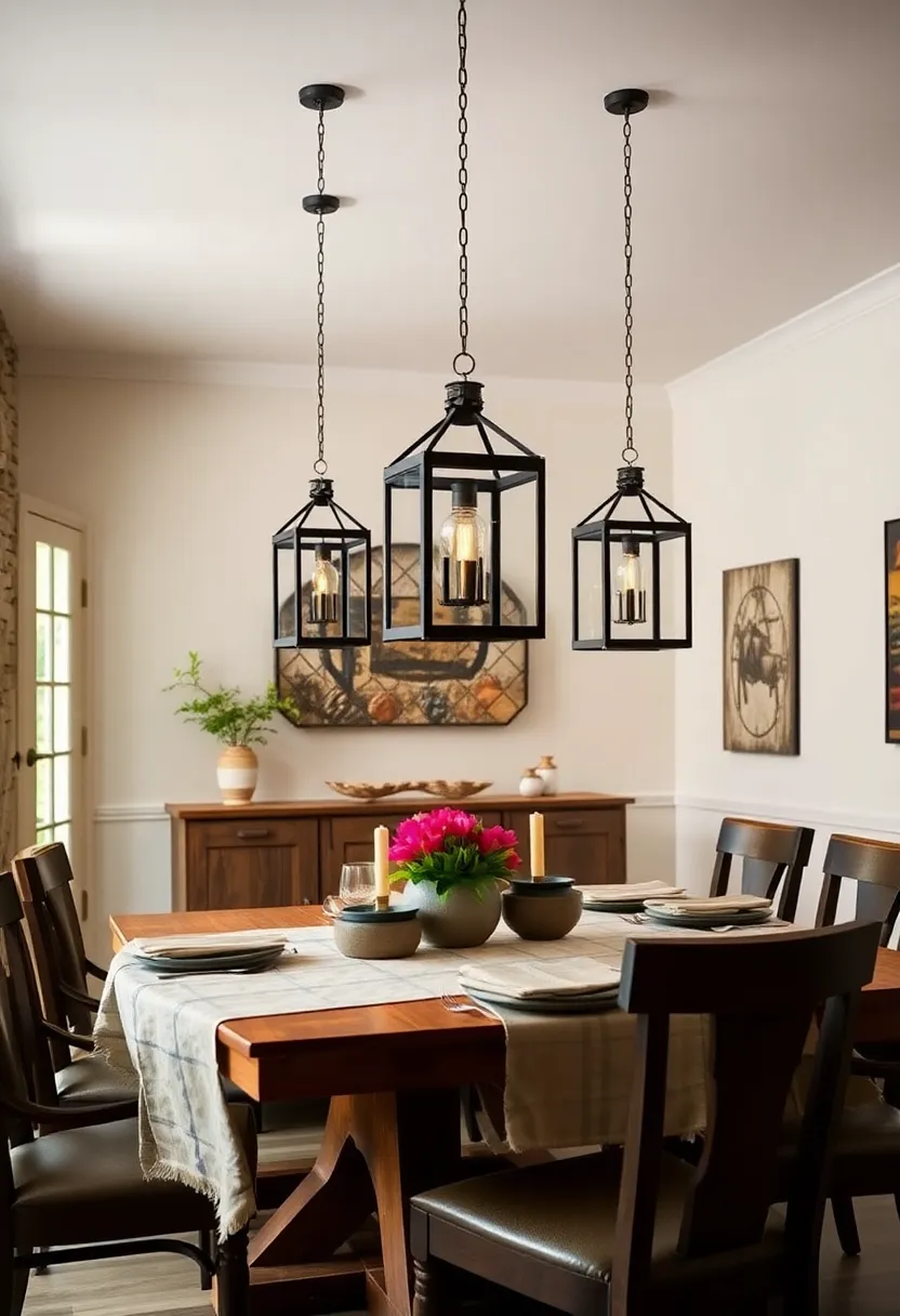 Iron Lanterns Hung Over Farmhouse Tables for Rustic, Inviting Evening Atmospheres