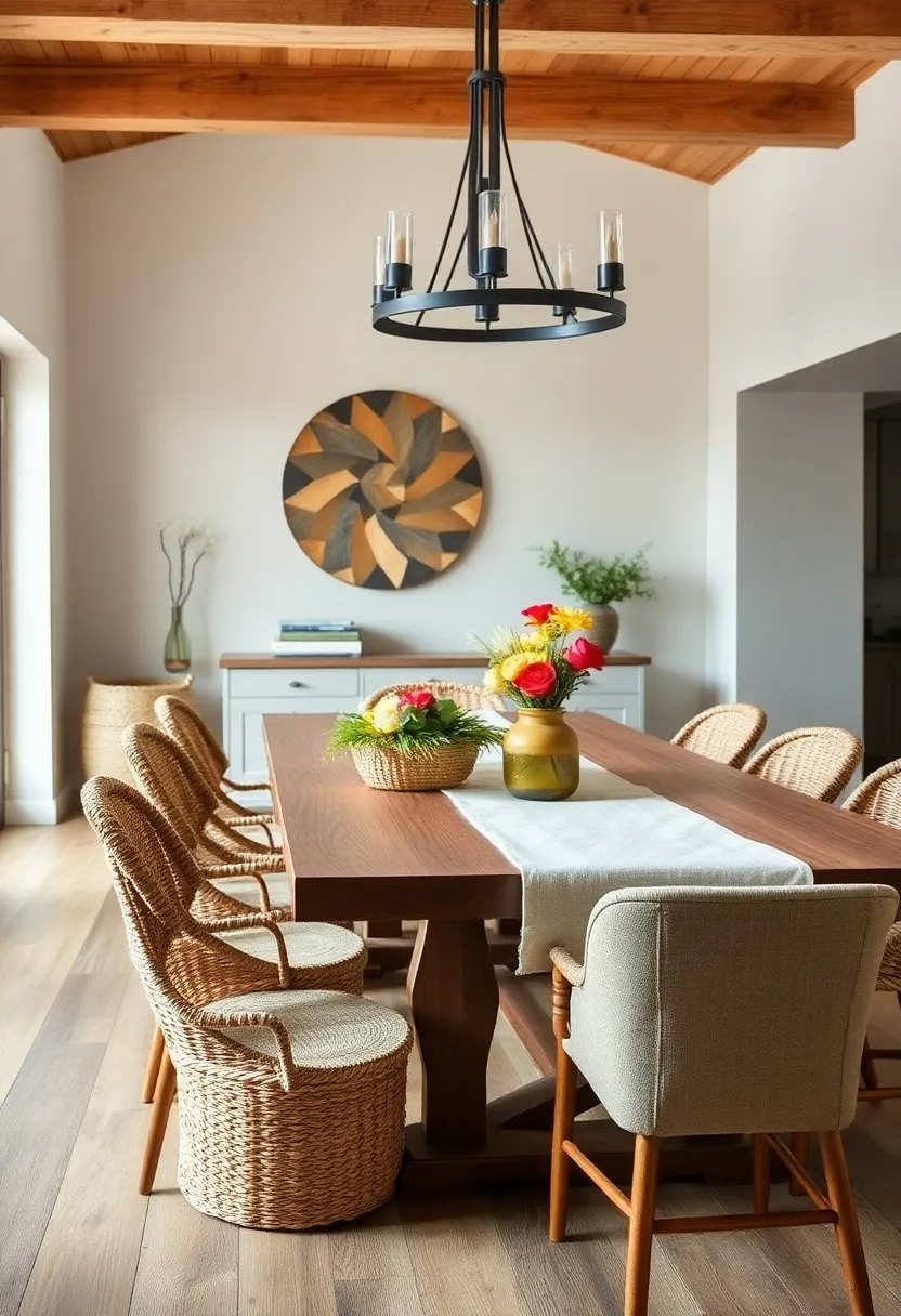 Layers of Natural Textures Blending Woven Baskets and Linen runners on a Farmhouse Table